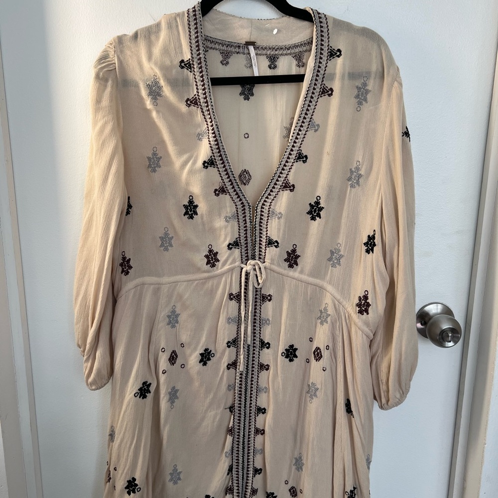 Urban Outfitters Cream Mini Dress with Black and Gray Embroidery